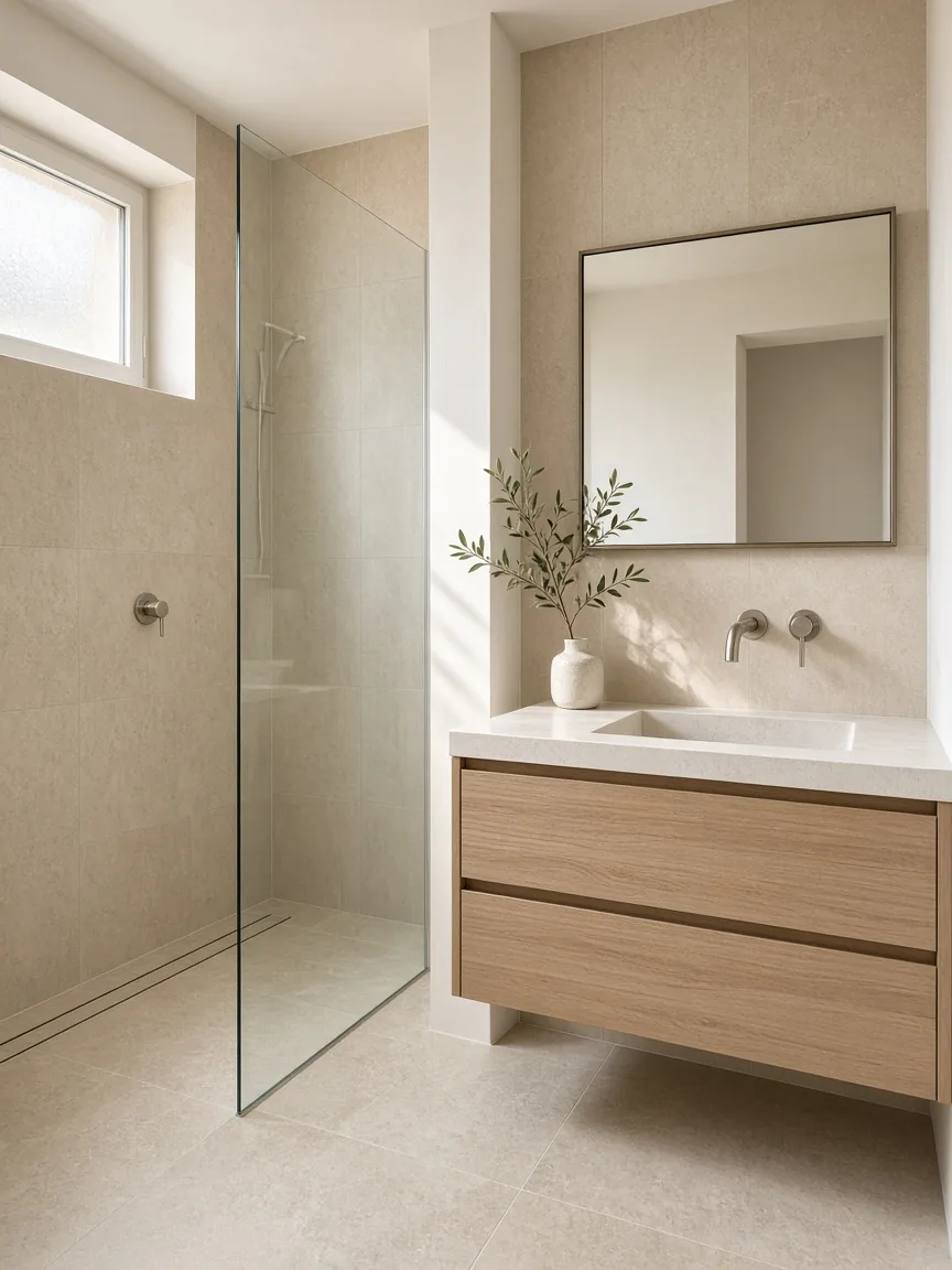Baño reformado con alicatado de gran formato y ducha. Imagen ilustrativa, no es una obra concreta de Albañil Sagunto.